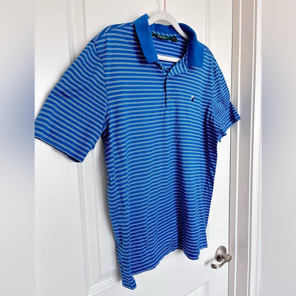 Bobby Jones Blue Striped Polo Maple Leaf Logo 100% Cotton Small